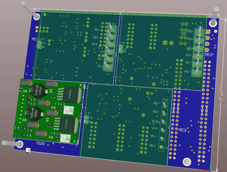 3D design view - bottom, showing modules, with custom module in lower left placed as a component.