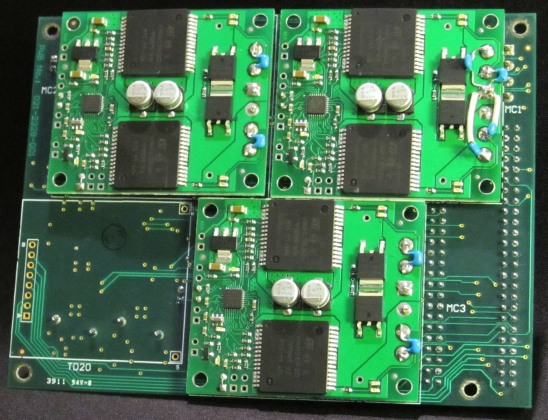 Mixed analog and digital, bottom side showing prototyping adaptions and COTS modules.