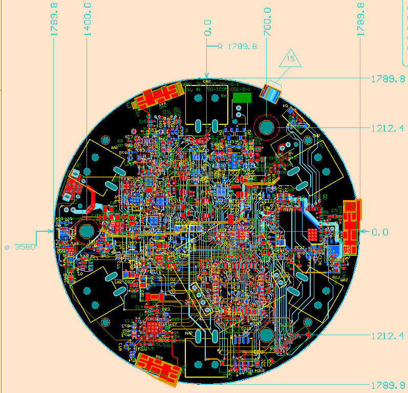 Round multi-function board, Bluetooth, ANT and WiFi radios, power supplies, digital signal processing and ultra sound - 2D design view - top.
