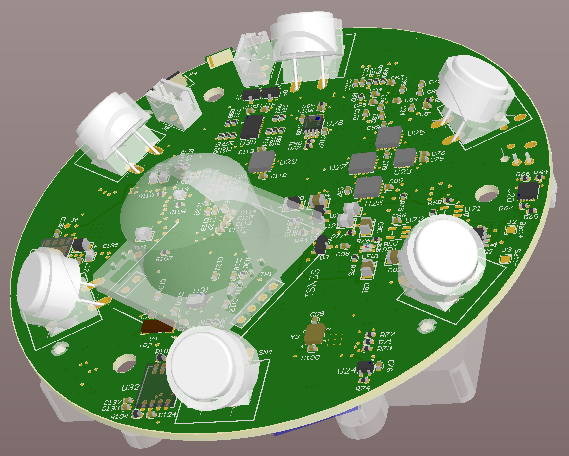 Round multi-function board, Bluetooth, ANT and WiFi radios, power supplies, digital signal processing and ultra sound - 3D design view - bottom.