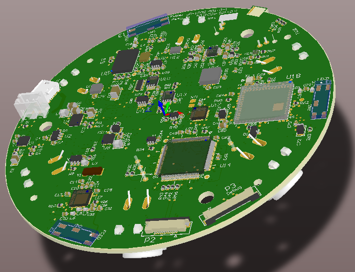 Round multi-function board, Bluetooth, ANT and WiFi radios, power supplies, digital signal processing and ultra sound - 3D design view - top
