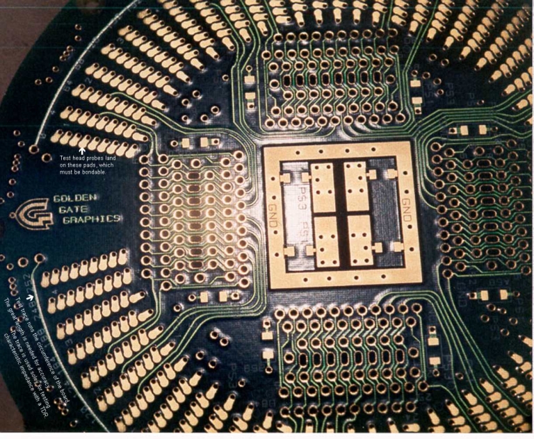 Bottom side of a DUT board, which is the side that contacts the test fixture.