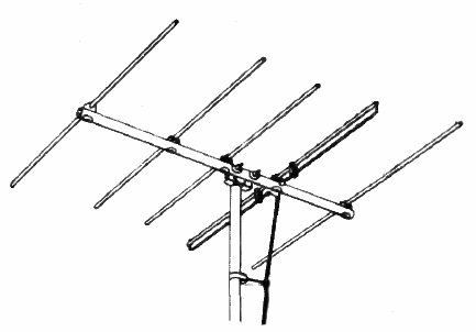 Yagi_TV_antenna_1954 with 5 horizontal elements attached at right angles to a support boom. The assembly is mounted on a vertical pole and has a twin-leaded insulated coaxial wire leading downward