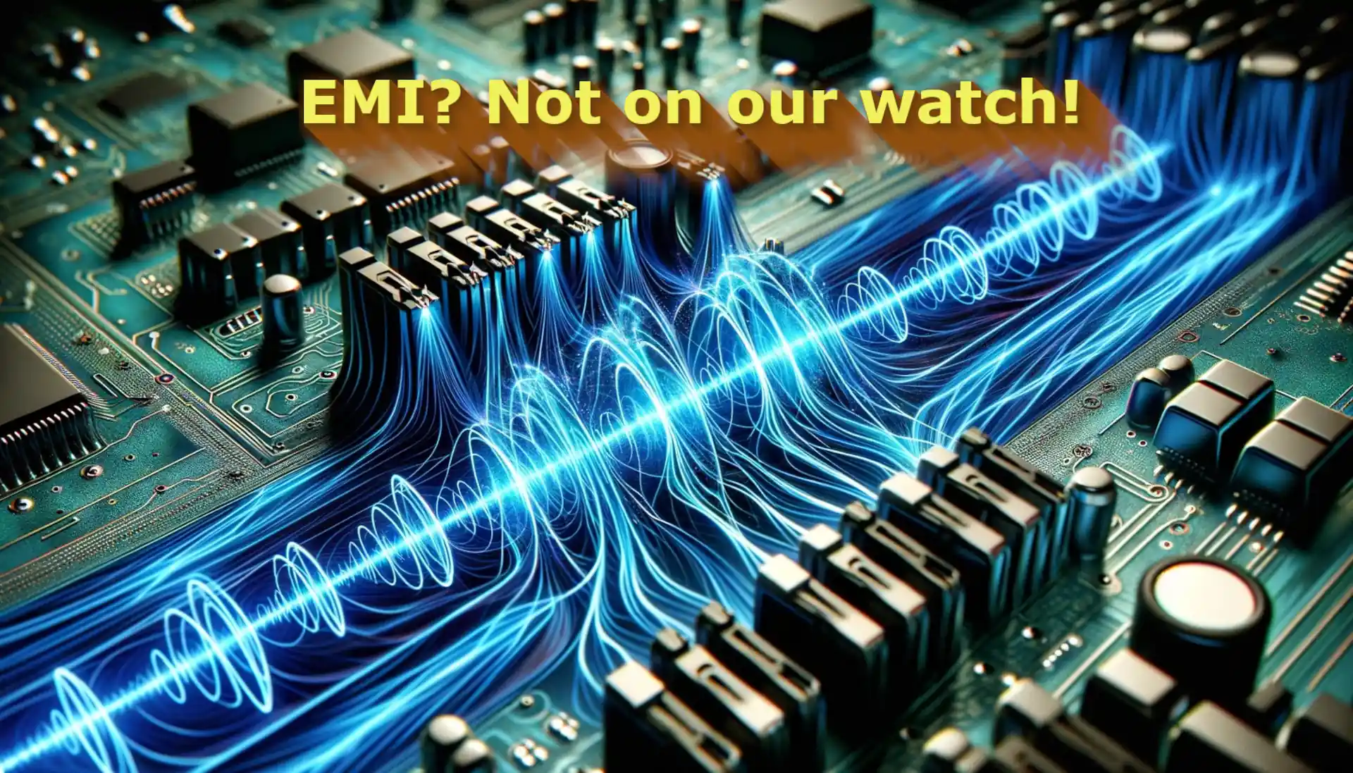 Dramatic visualization of EMI (Electromagnetic Interference) shown as blue-to-white energy waves radiating from a wire above a printed circuit board (PCB). The EMI is bleeding into other PCB components, illustrating potential signal integrity issues. The image includes the text: 'EMI? Not on our watch!'